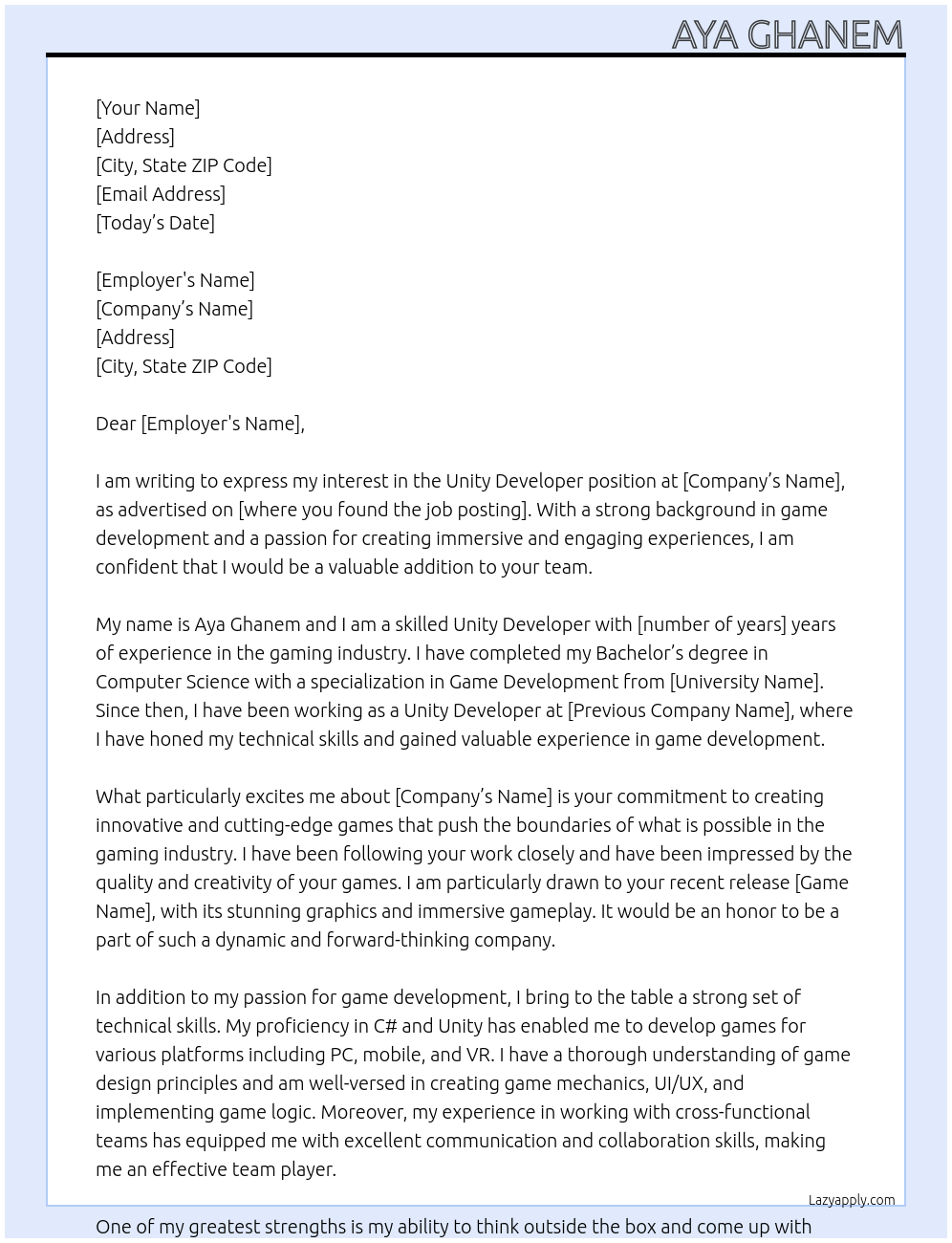 Unity Developer At Company's Name Cover Letter
