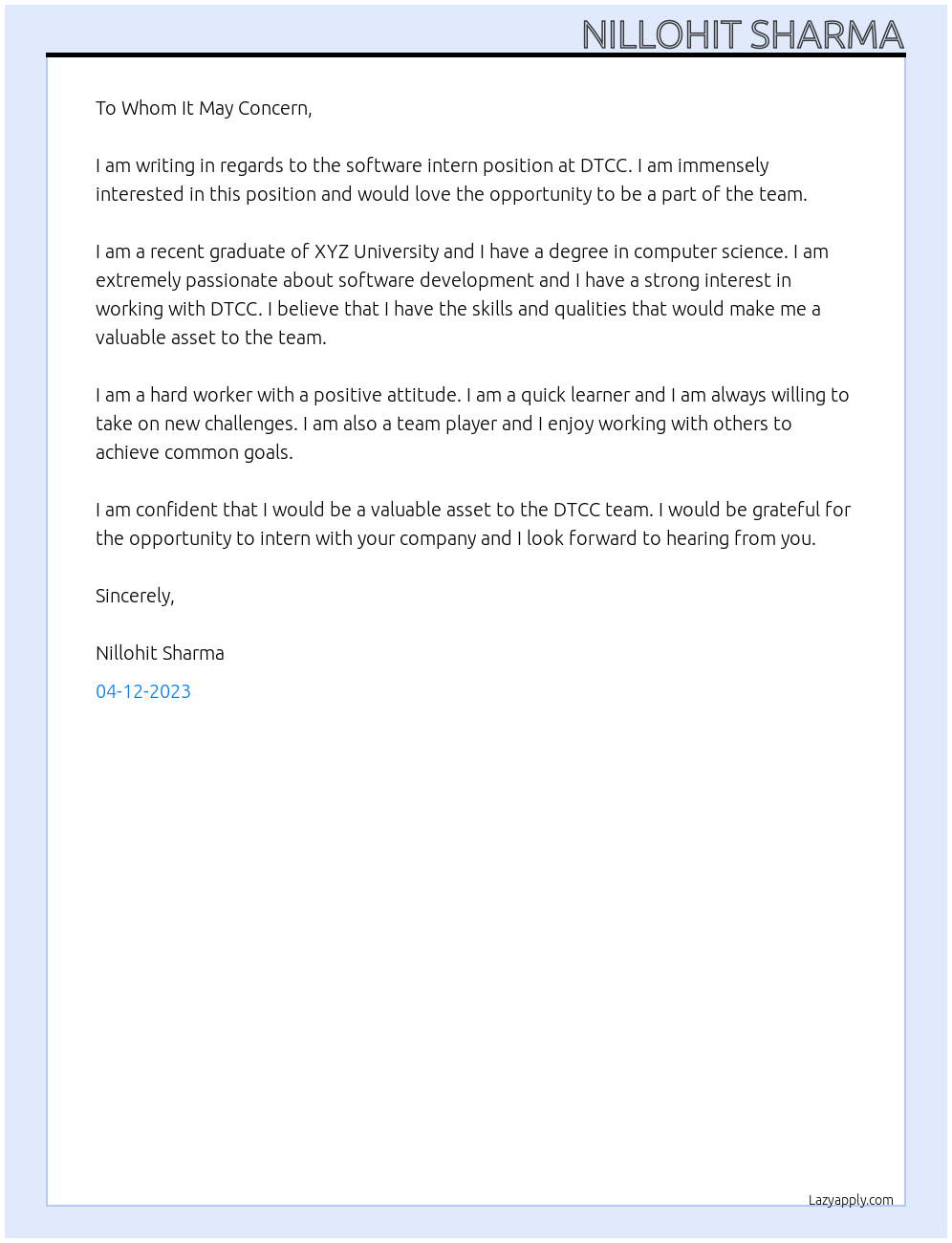 software Intern At DTCC Cover Letter