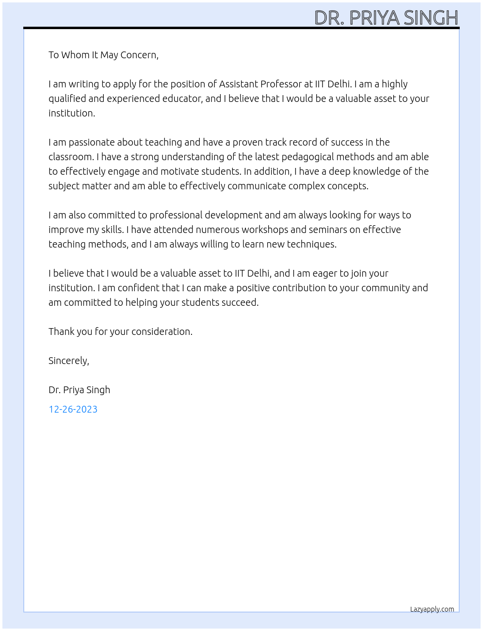 Assisant professor At IIT Delhi Cover Letter