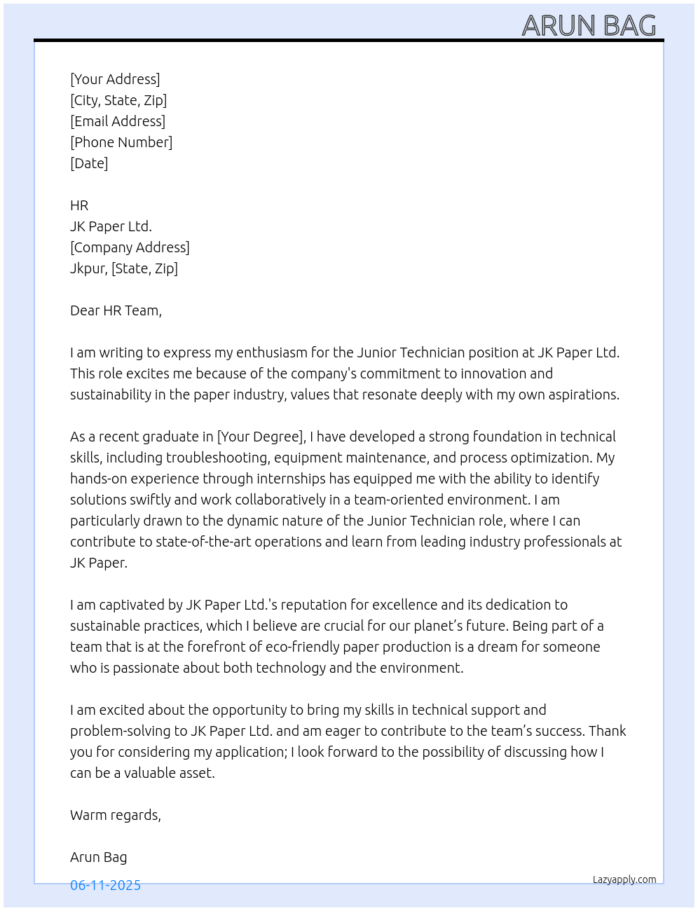 Junior technician At JK Paper Ltdt Cover Letter