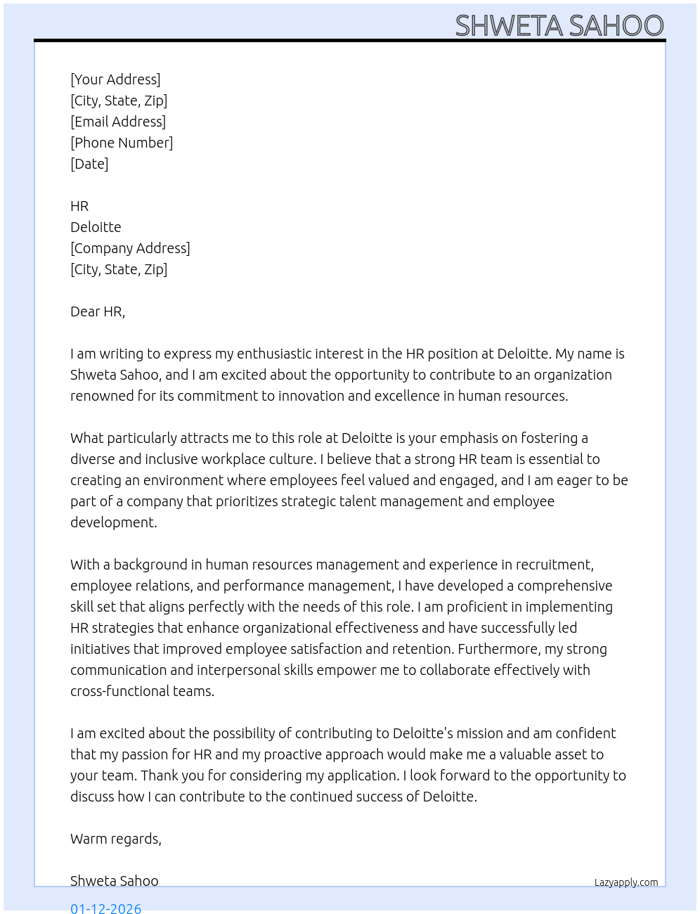 HR position At Delloite Cover Letter