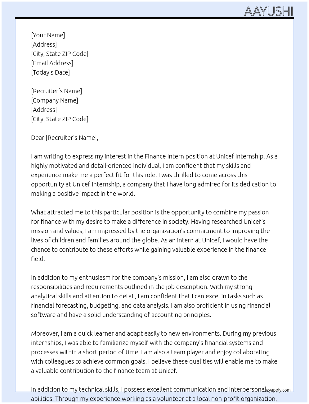Finance Intern At Unicef Internship Cover Letter