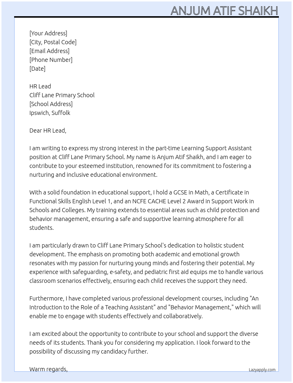 Cover letter for learning support assistant - LazyApply