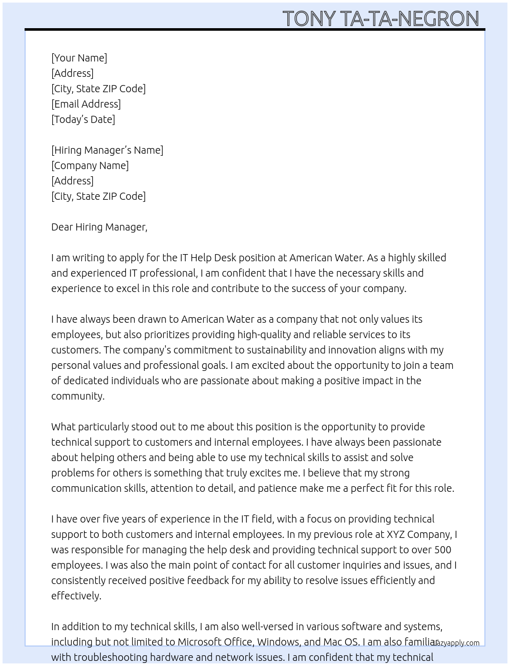 It help desk At American Water Cover Letter