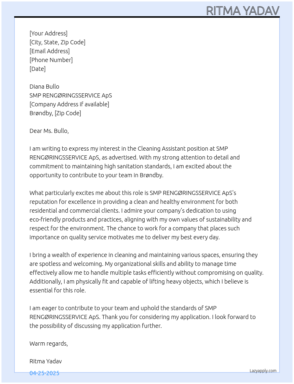 Cover letter for cleaning assistant - LazyApply