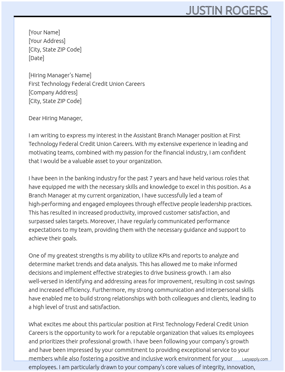 Assistant Branch Manager  At First Technology Federal Credit Union Careers  Cover Letter