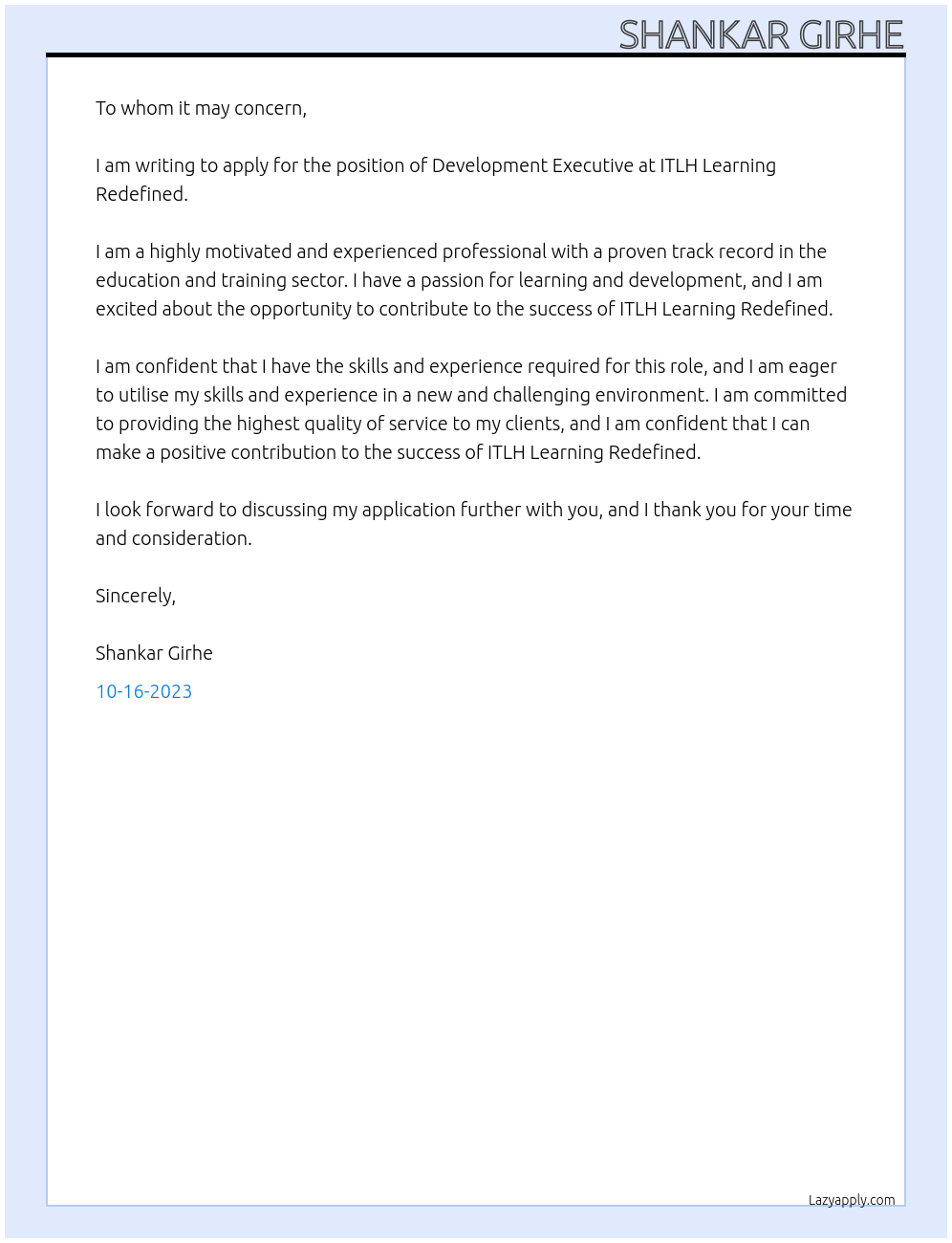 Development executive  At ITLH learning redefined  Cover Letter