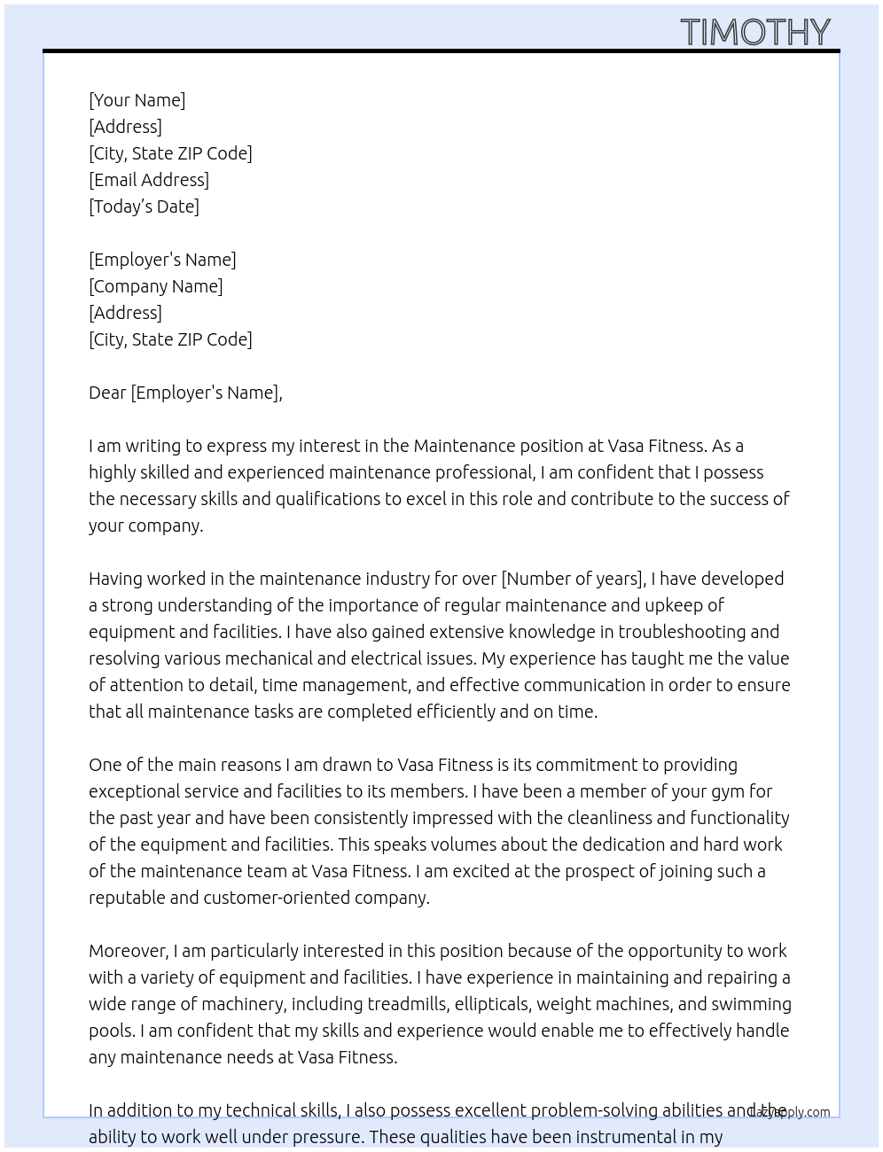 Maintenance At Vasa fitness  Cover Letter