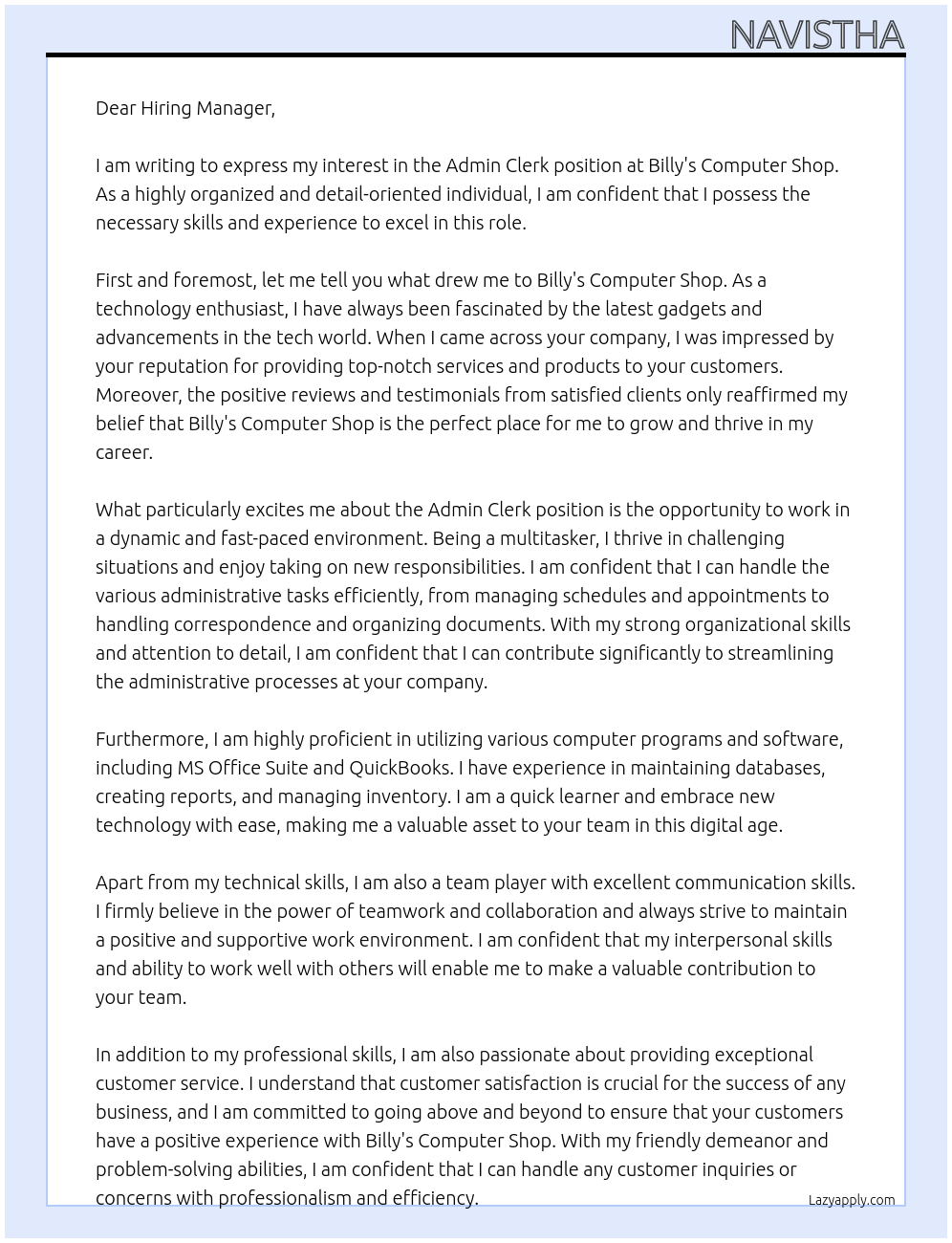 Admin clerk At Billy's Computer Shop Cover Letter
