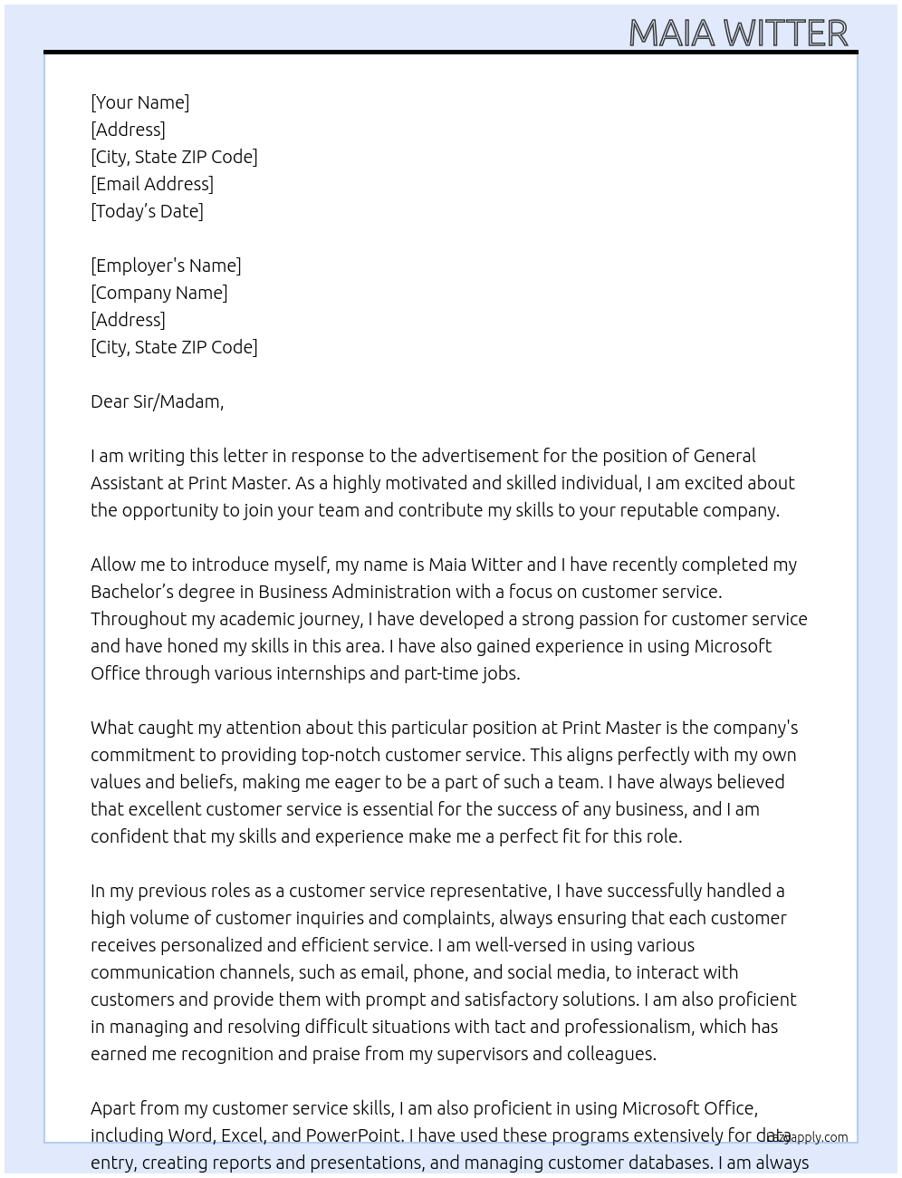 General Assistant  At Print Master Cover Letter