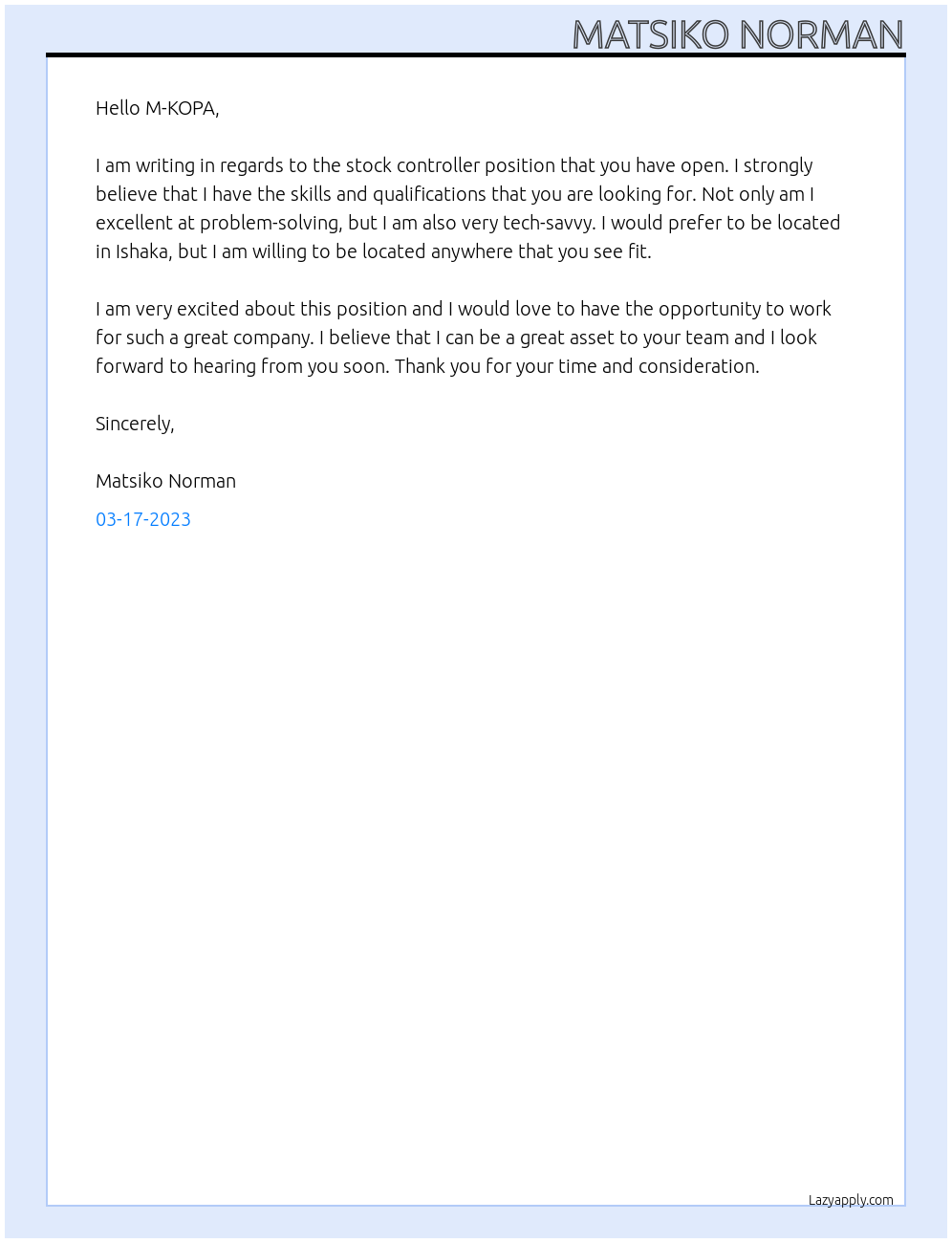 stock controller At M-KOPA Cover Letter