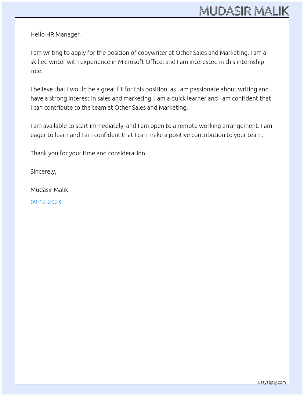 copywriter At other sales and marketing Cover Letter