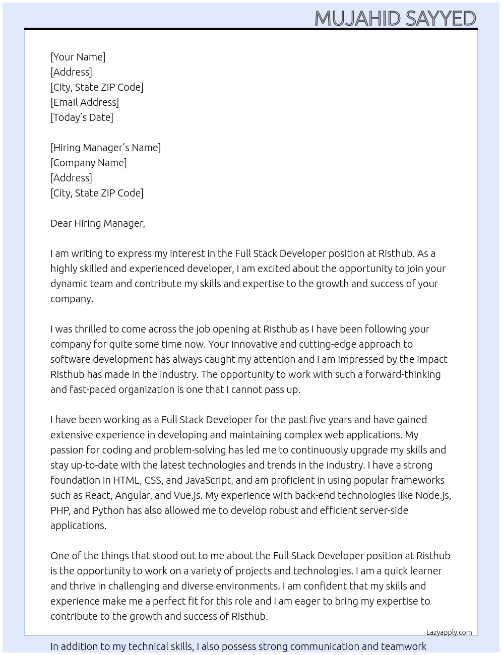Full stack developer At Risthub Cover Letter
