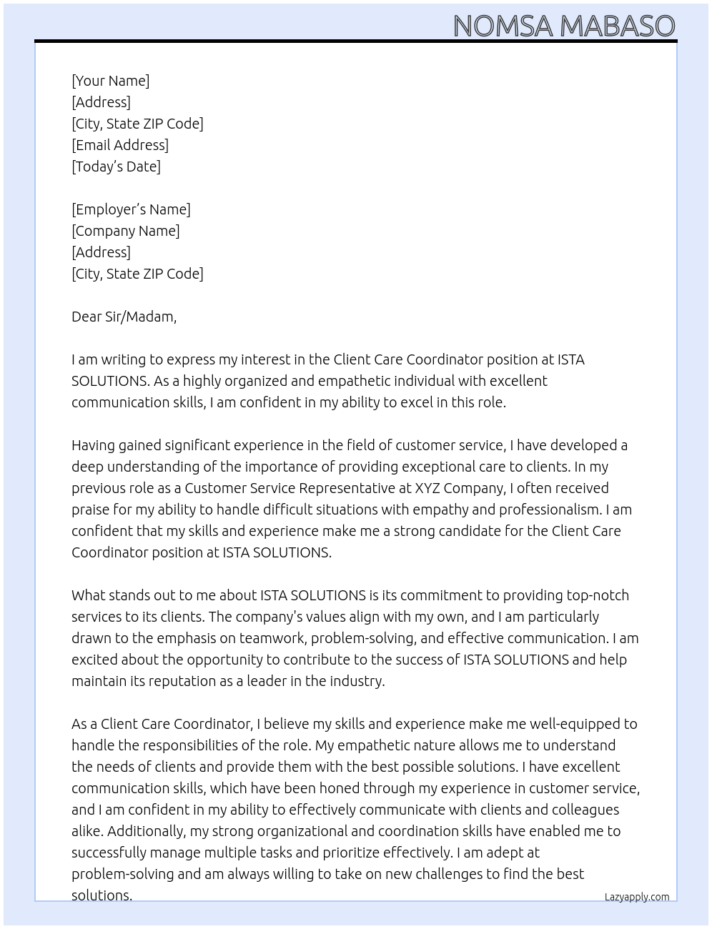 Client care coordinator At ISTA SOLUTIONS Cover Letter