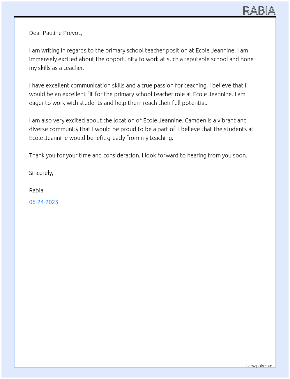 Primary school teacher At Ecole Jeannine Cover Letter