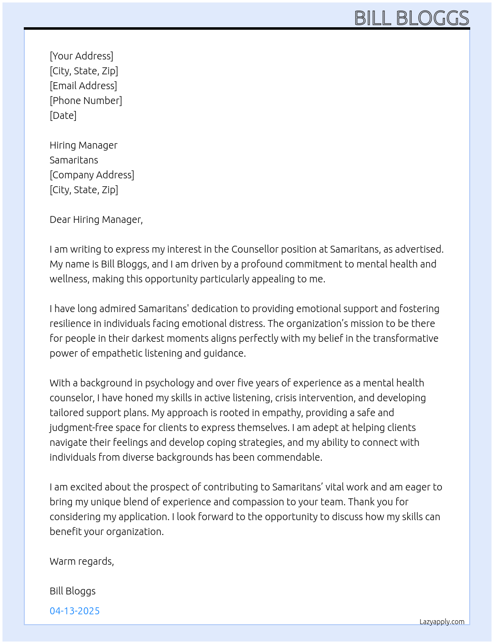 Counsellor At Samaritans Cover Letter