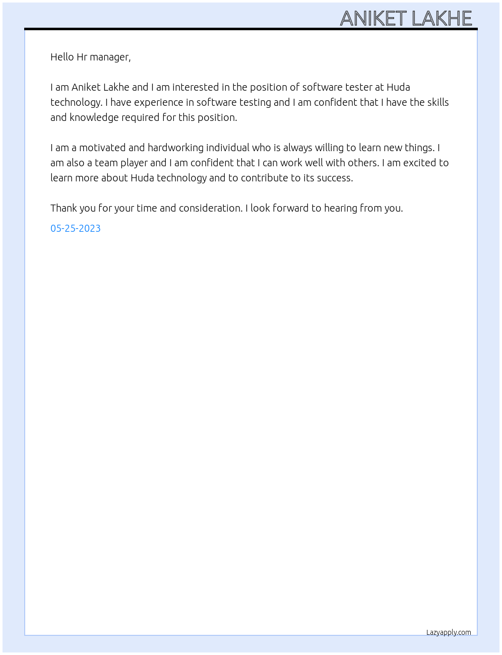 Software tester  At Huda technology  Cover Letter