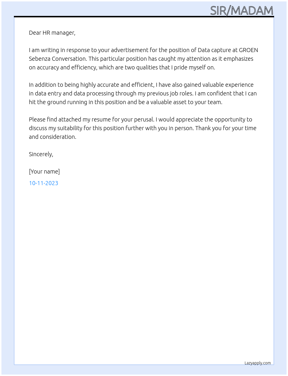 Data capture At GROEN Sebenza Conversation Cover Letter