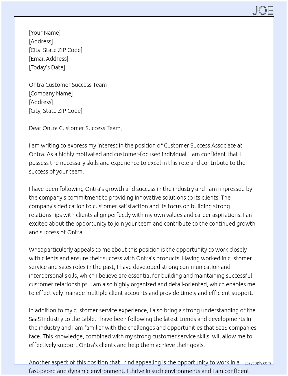 Customer Success Associate At Ontra Cover Letter