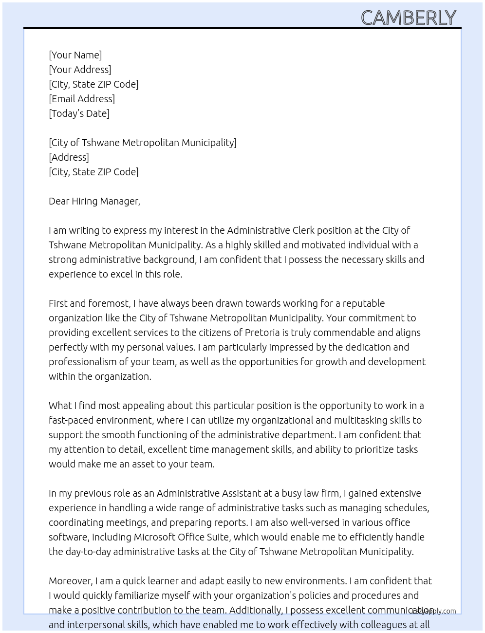 ADMIN CLERK At CITY OF TSHWANE METROPOLITAN MUNICIPALITY Cover Letter