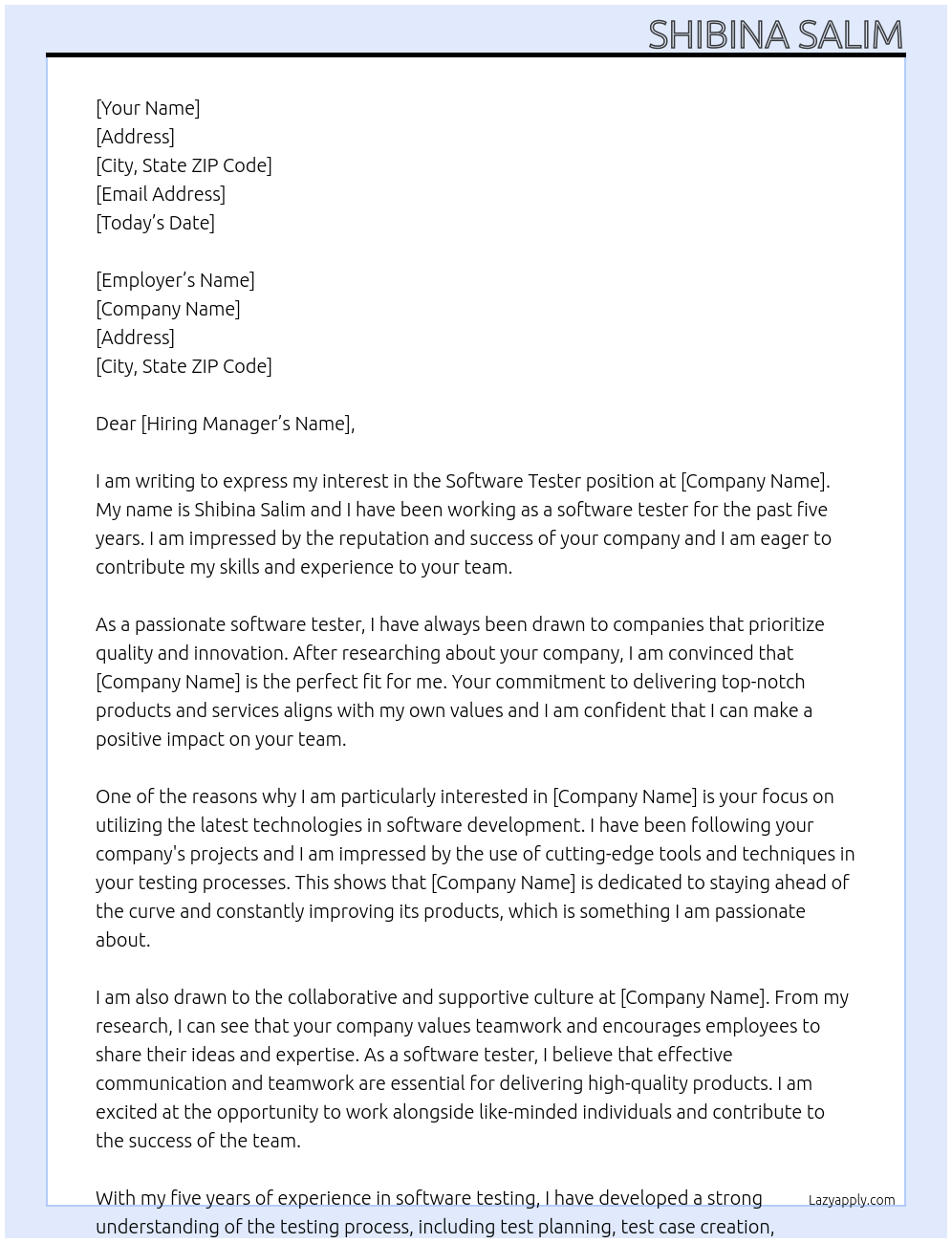 Software tester At Software tester Cover Letter