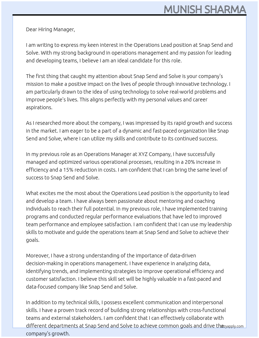Operations Lead At Snap Send and Solve Cover Letter