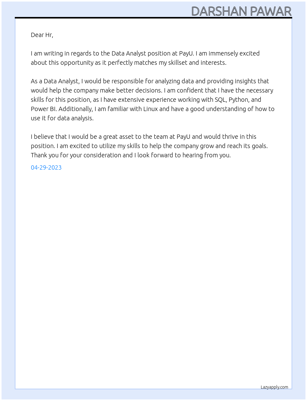 Data Analyst fresher At payu Cover Letter