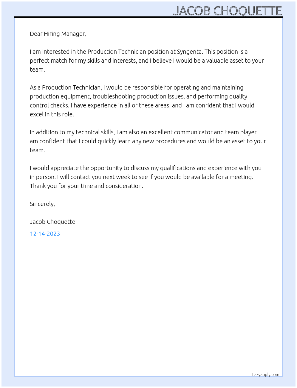 Production Technician At Syngenta Cover Letter