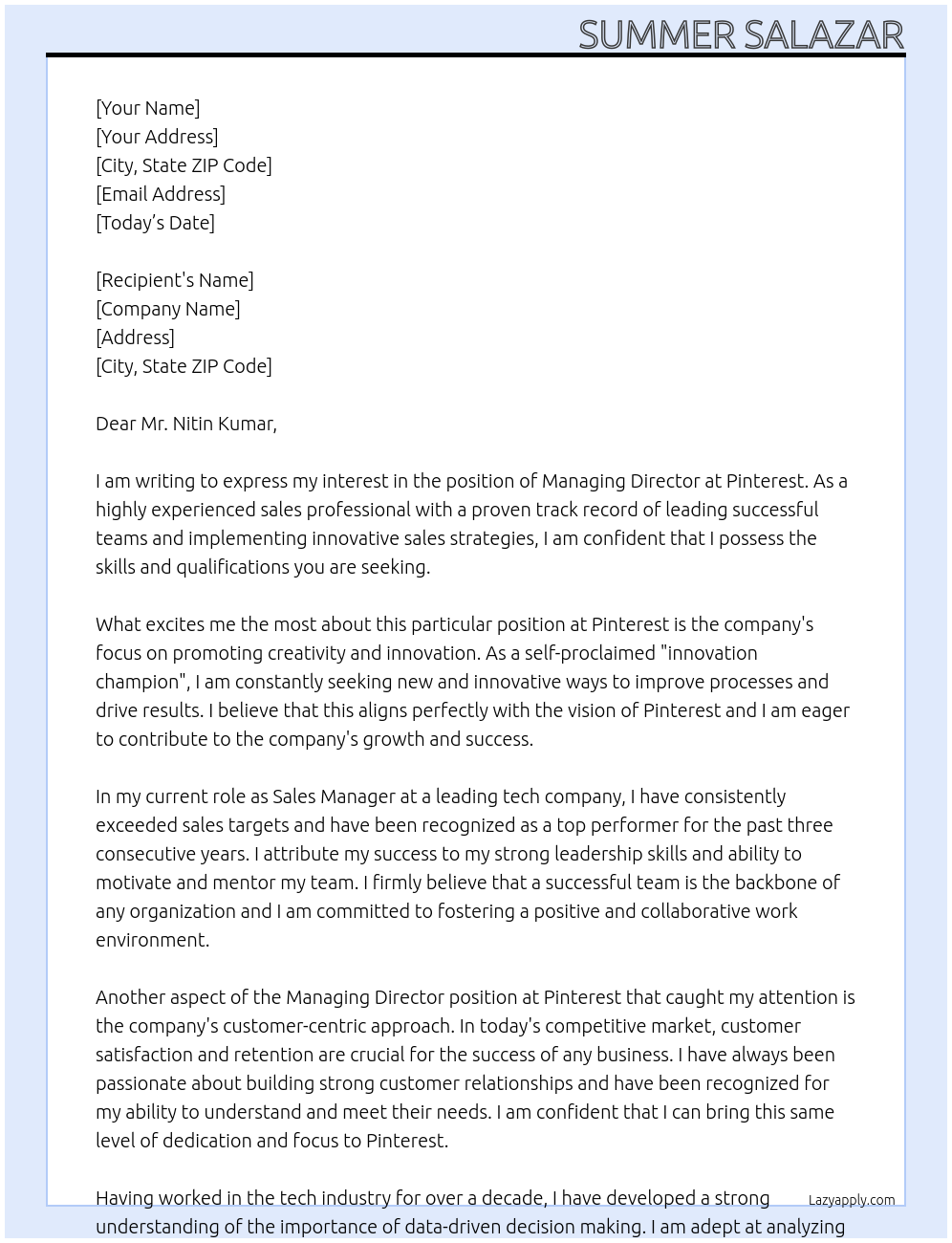 Managing Director At Pinterest Cover Letter