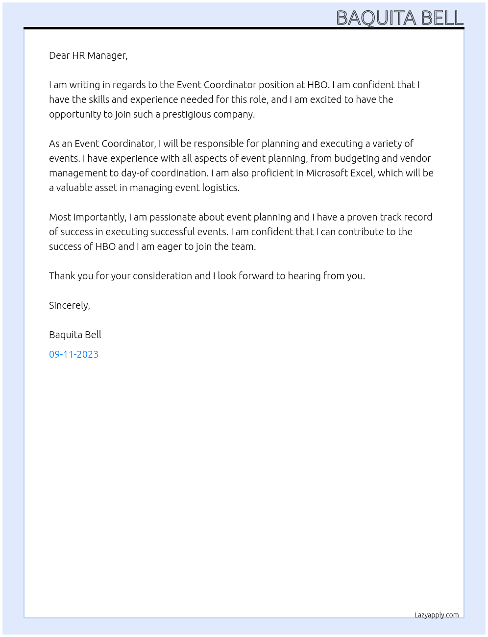 Event Coordinator At HBO Cover Letter