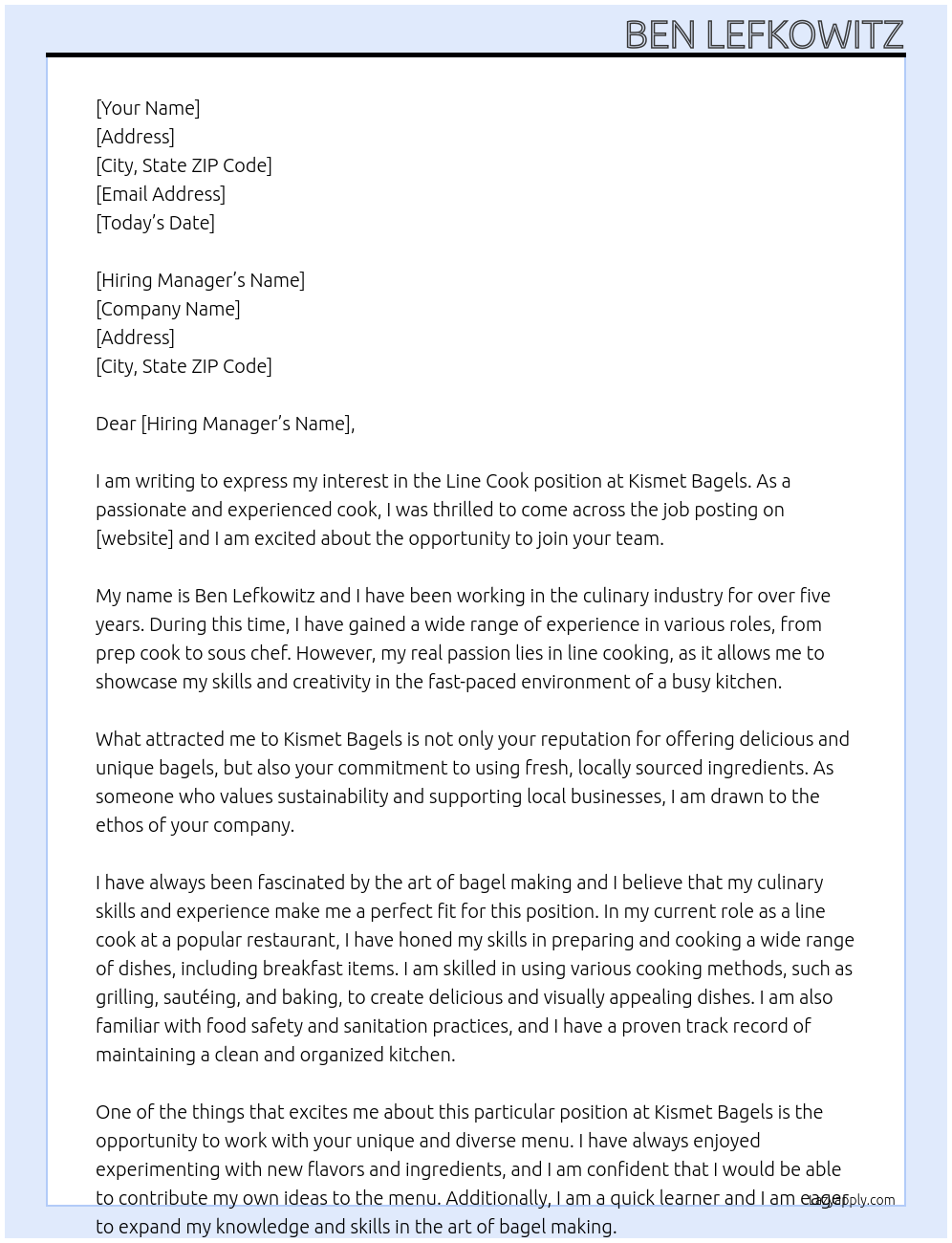 Line Cook At Kismet Bagels Cover Letter