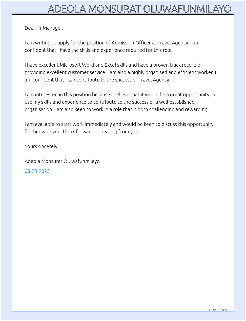 Admission officer At Travel Agency Cover Letter