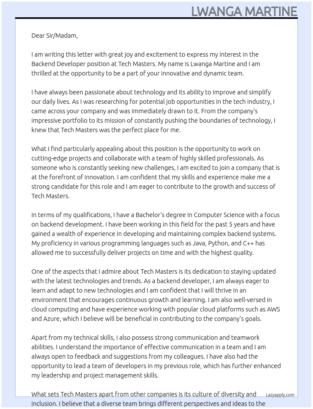 Backend Developer At Tech Masters Cover Letter
