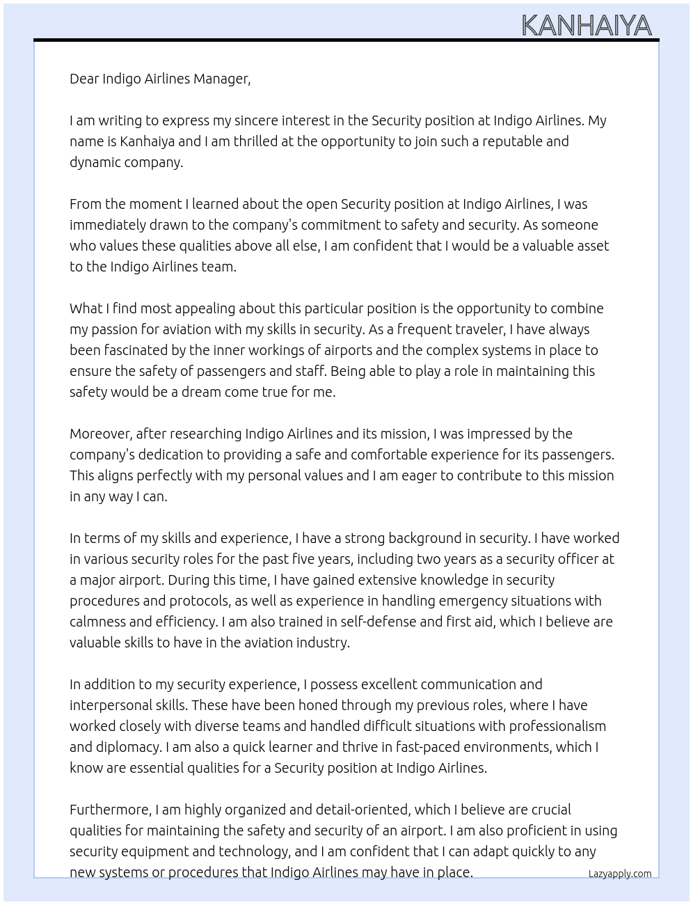 Security  At Indigo airlines  Cover Letter