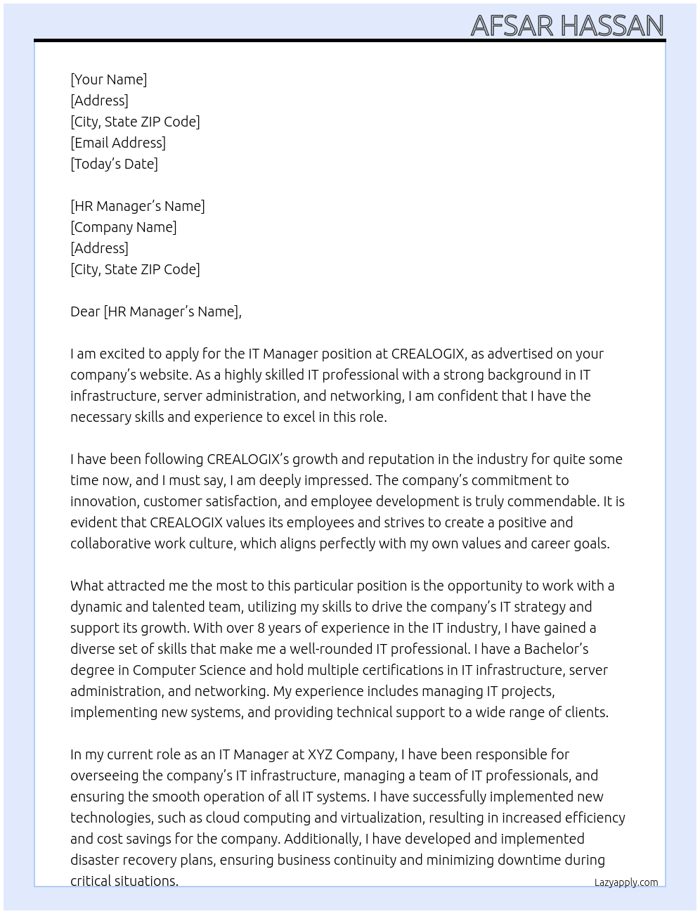IT Manager At CREALOGIX Cover Letter