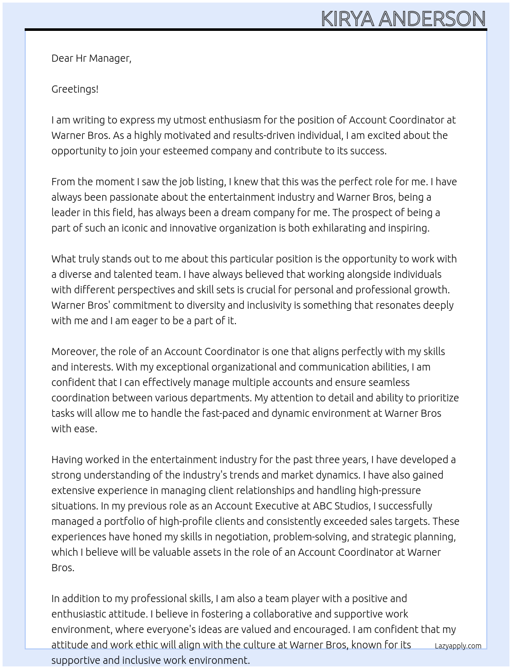 Account coordinator At Warner Bros Cover Letter