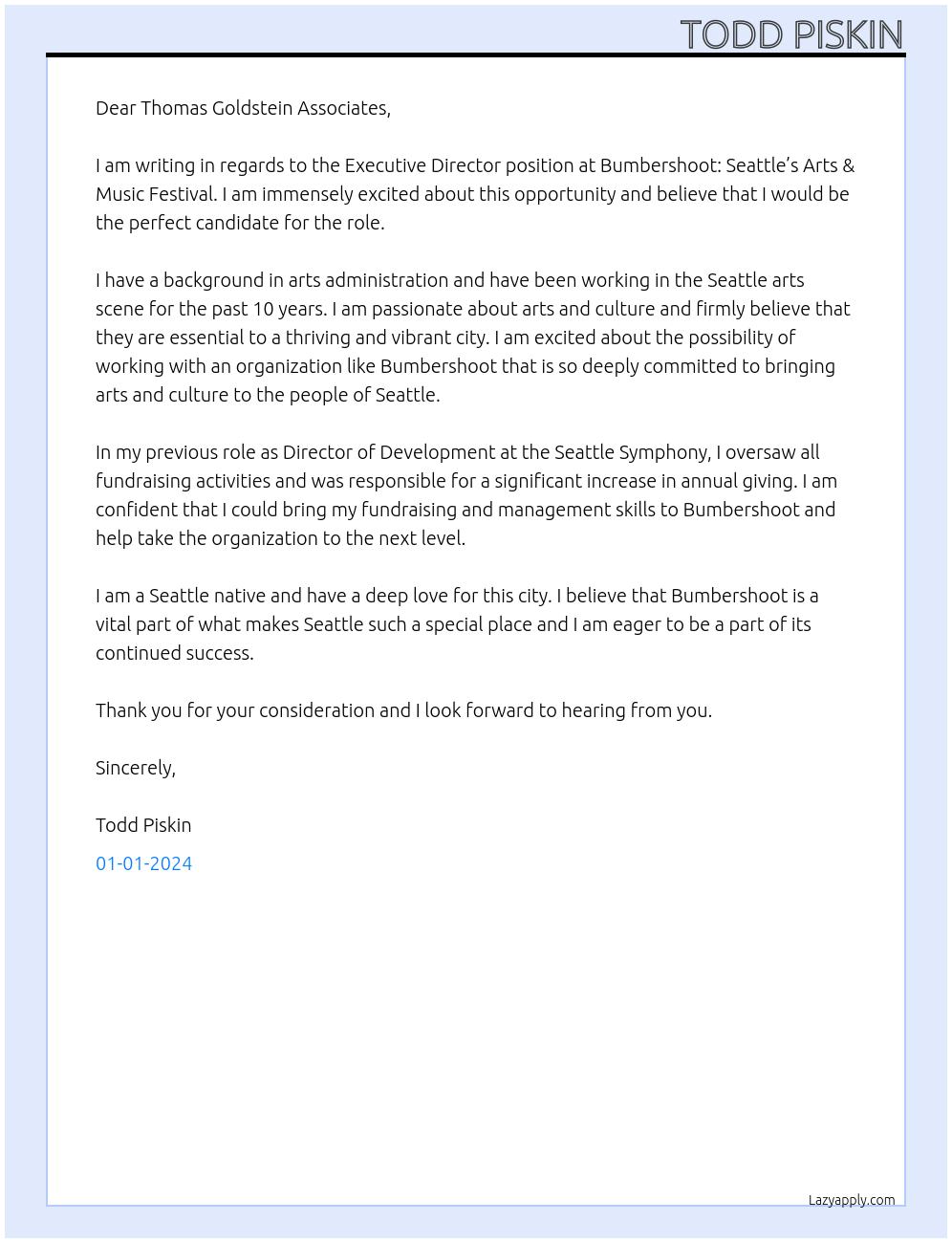 Executive Director At Bumbershoot: Seattle’s Arts & Music Festival Cover Letter