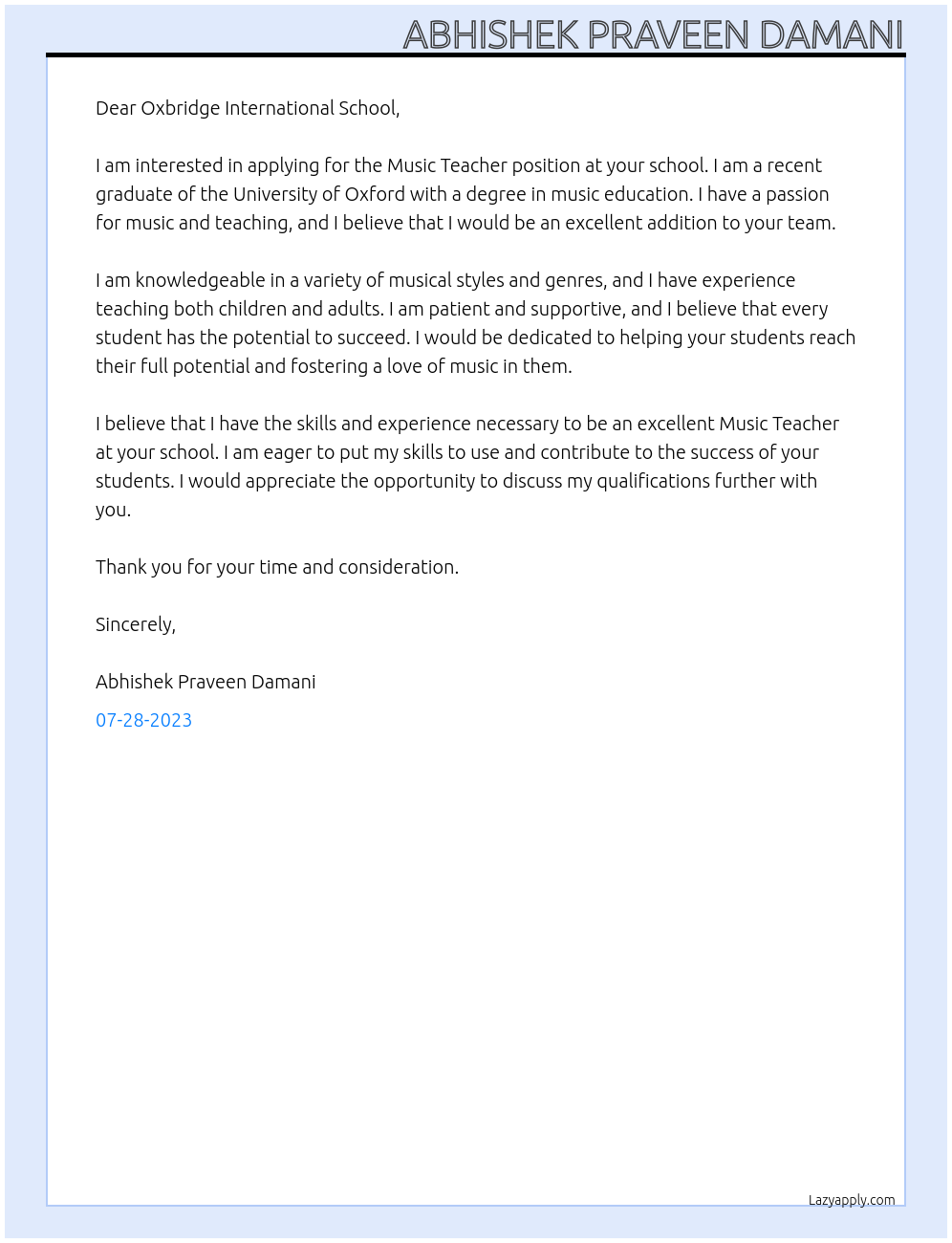 Music Teacher At Oxbridge International School Cover Letter