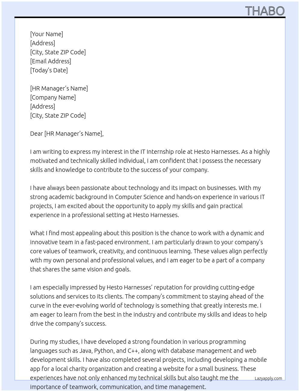 IT At HESTO HARNESSES Cover Letter