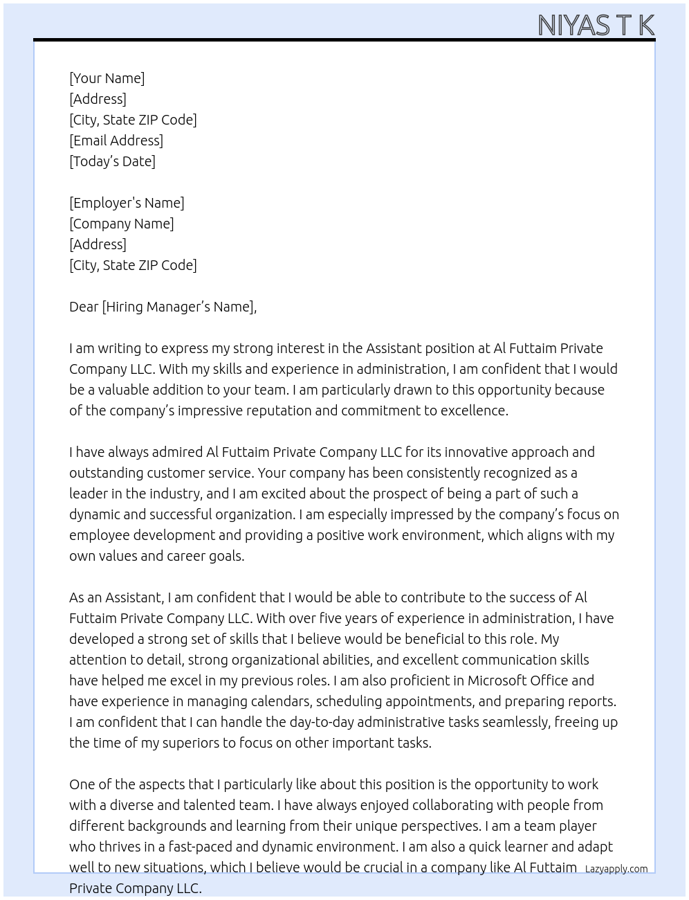 Assistant  At Al Futtaim Private Company LLC Cover Letter