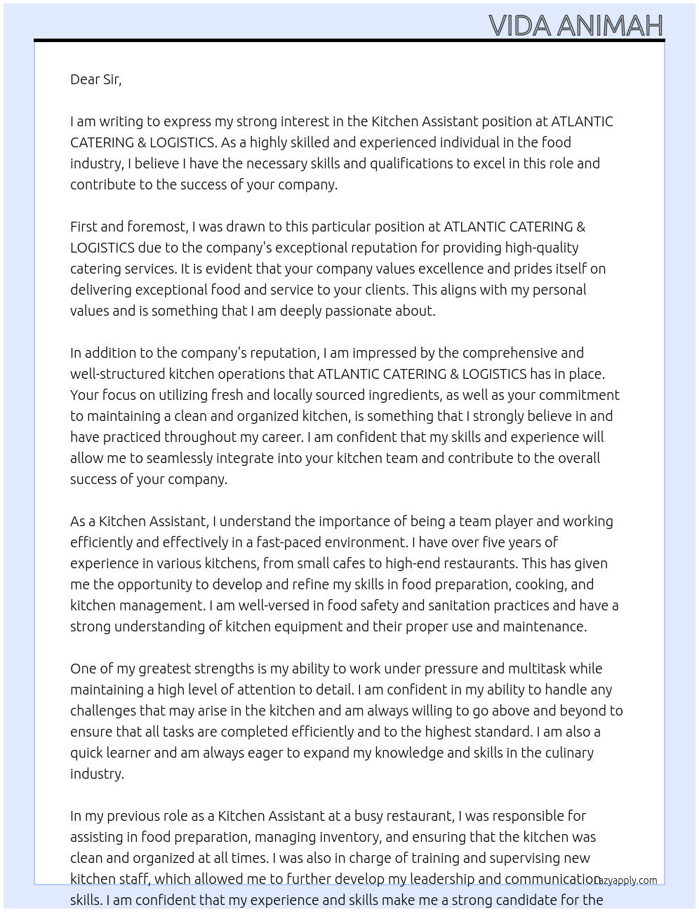 Kitchen Assistant At ATLANTIC CATERING & LOGISTICS Cover Letter