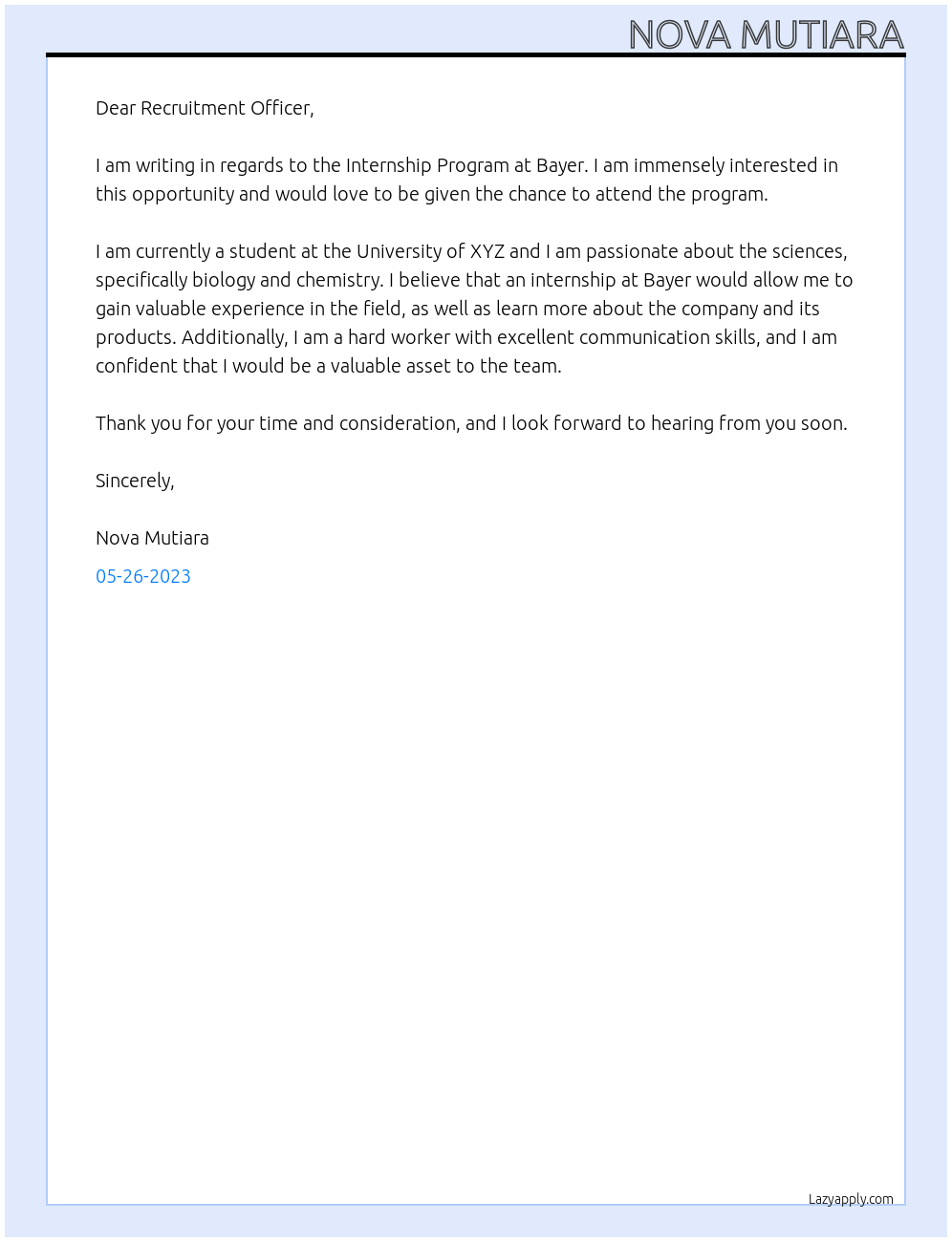 Internship Program At Bayer Cover Letter