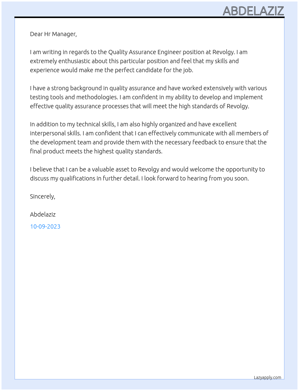 Quality Assurance Engineer At Revolgy Cover Letter