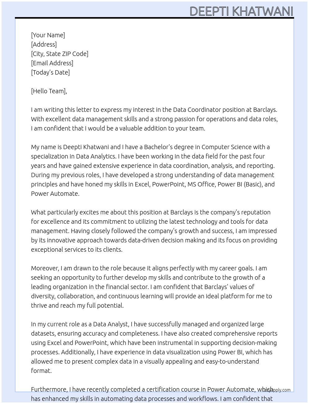 Data Coordinator At Barclays Cover Letter