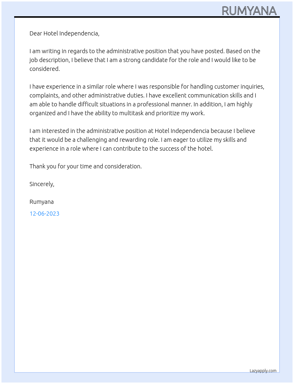 administrative At hotel independencia Cover Letter