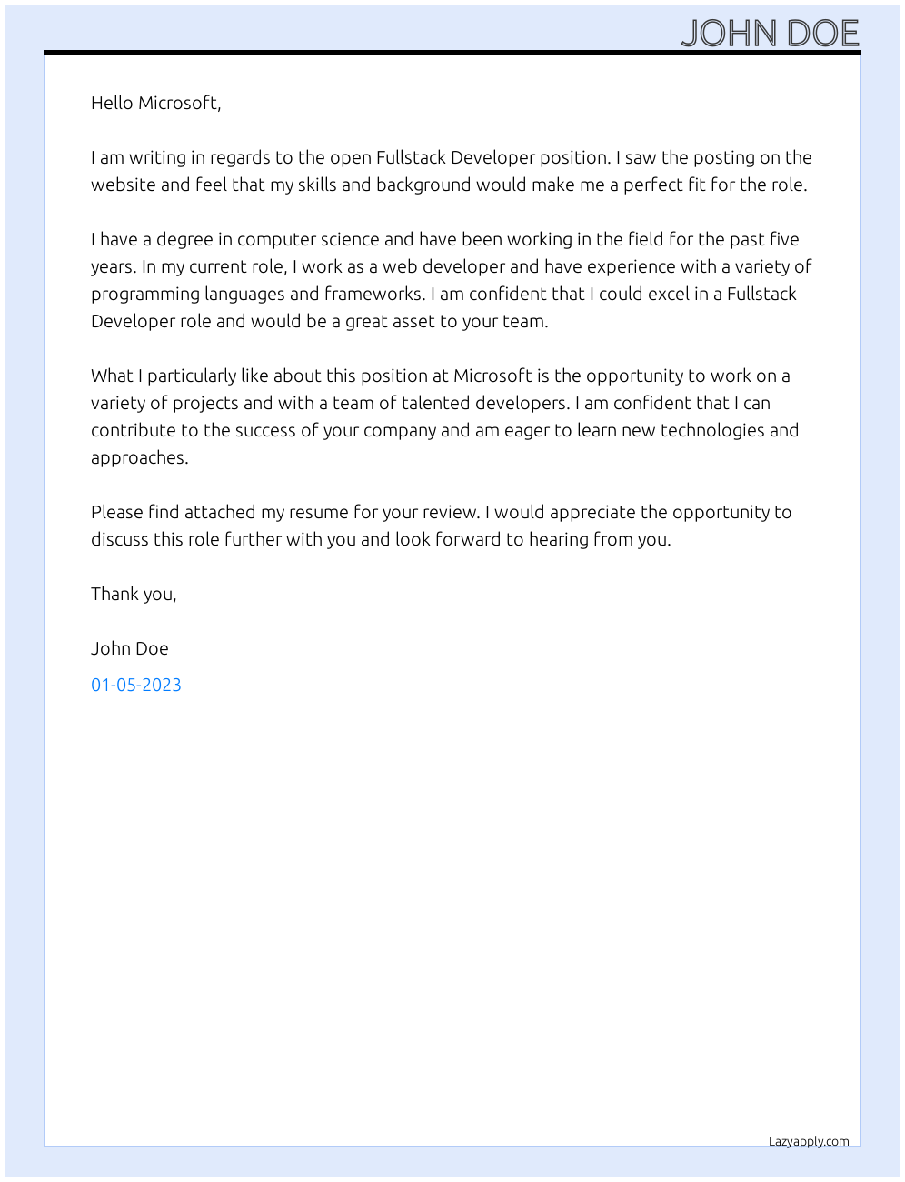 Fullstack Developer At Microsoft Cover Letter