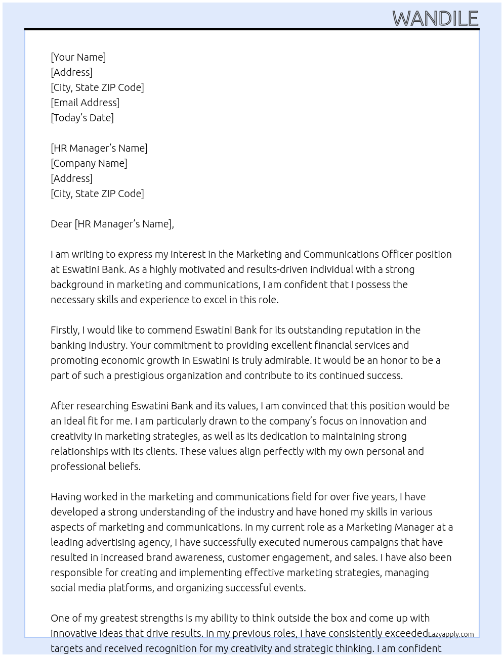 marketing and communications officer At Eswatini Bank Cover Letter