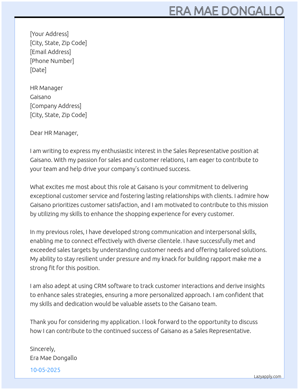 Sales Representative At Gaisano Cover Letter