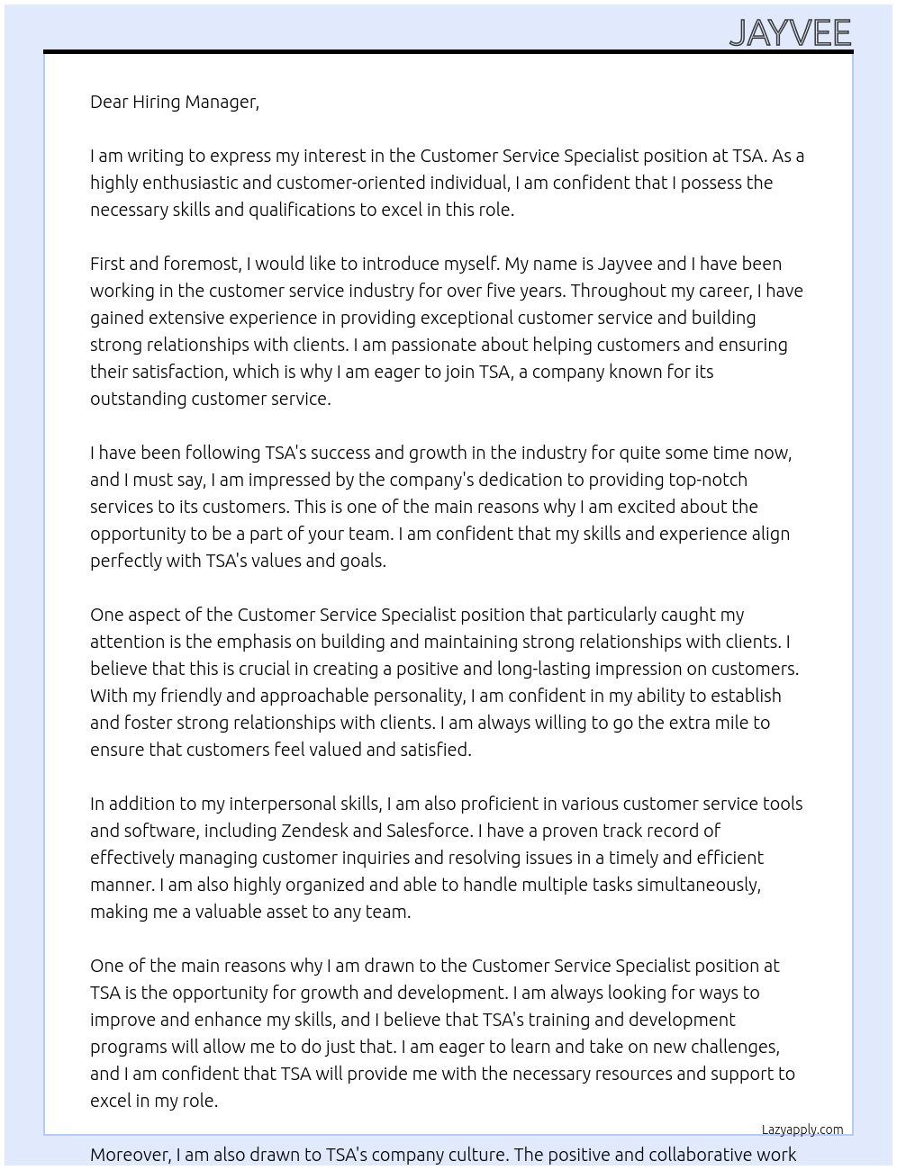 Customer Service Specialist At TSA Cover Letter