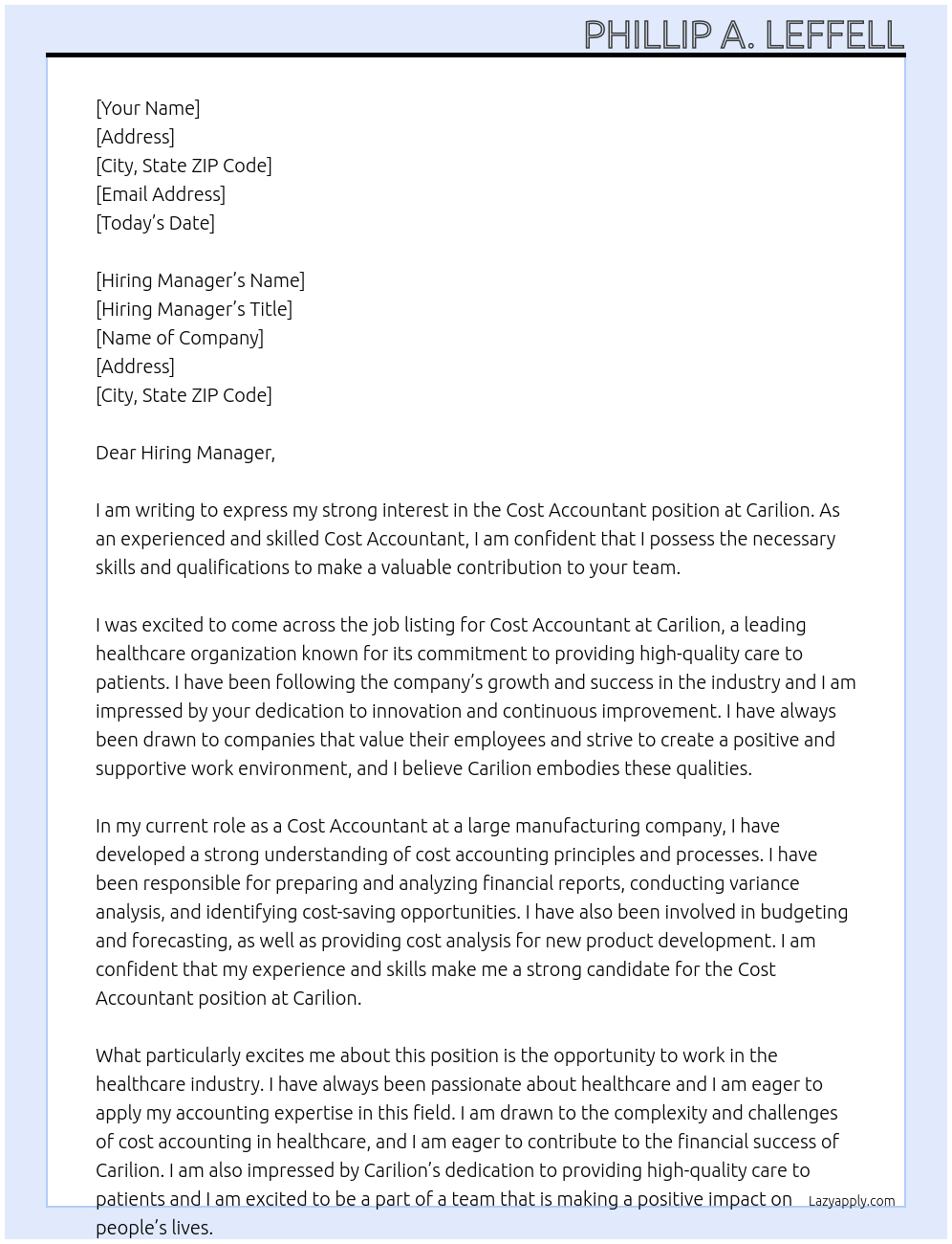 Cost Accountant At Carilion Cover Letter